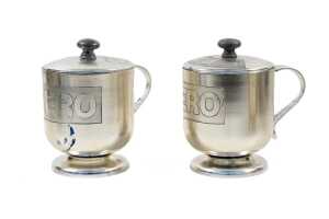 Five Don Shiel aluminium workshop canisters with raised text - 2