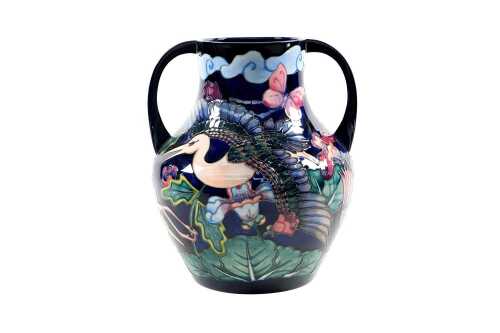 Moorcroft 'Kyoto' ceramic twin-handled vase with heron and butterflies