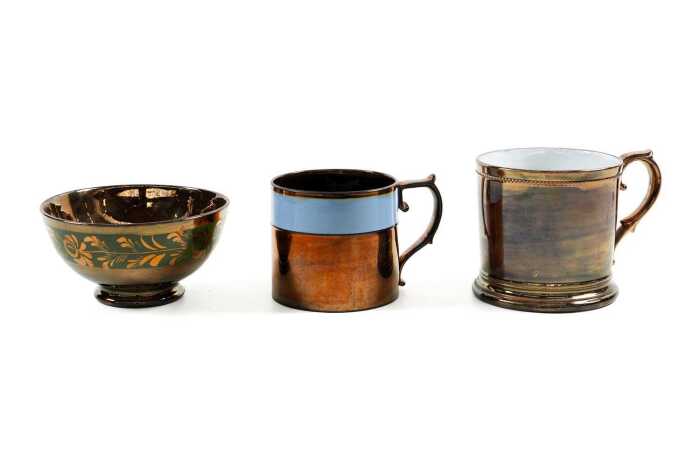 Three antique porcelain copper lustreware pieces