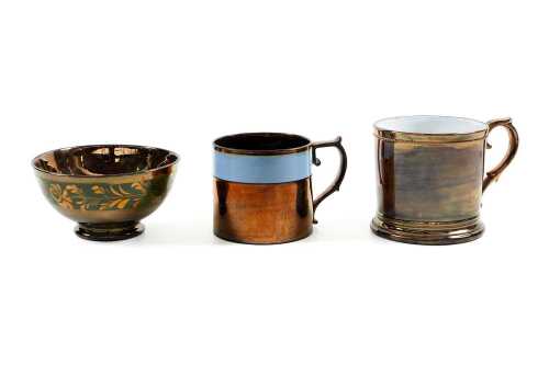 Three antique porcelain copper lustreware pieces