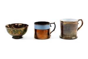 Three antique porcelain copper lustreware pieces