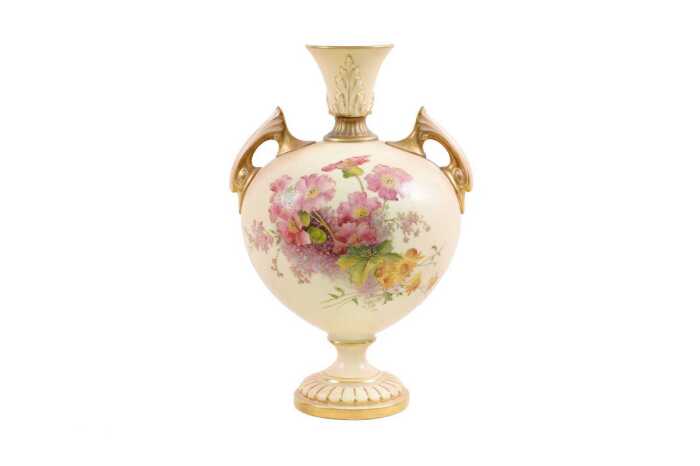Antique Royal Worcester blushware porcelain twin handled vase