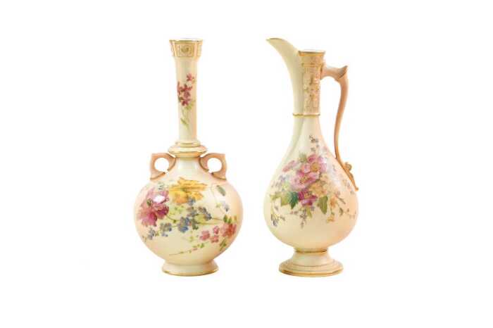 Edwardian Royal Worcester blushware porcelain vase and ewer