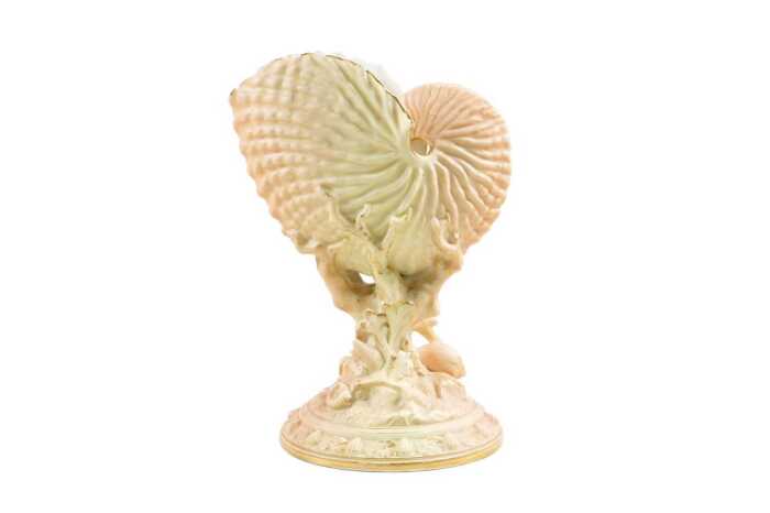 Victorian Royal Worcester porcelain nautilus shell vase, 1895