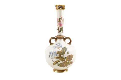 Victorian Royal Worcester porcelain twin handled vase, 1884