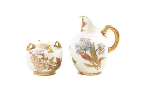 Victorian Royal Worcester porcelain vase and flat back jug, 1890