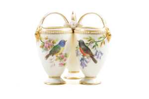 Victorian Royal Worcester porcelain triple vase - 3