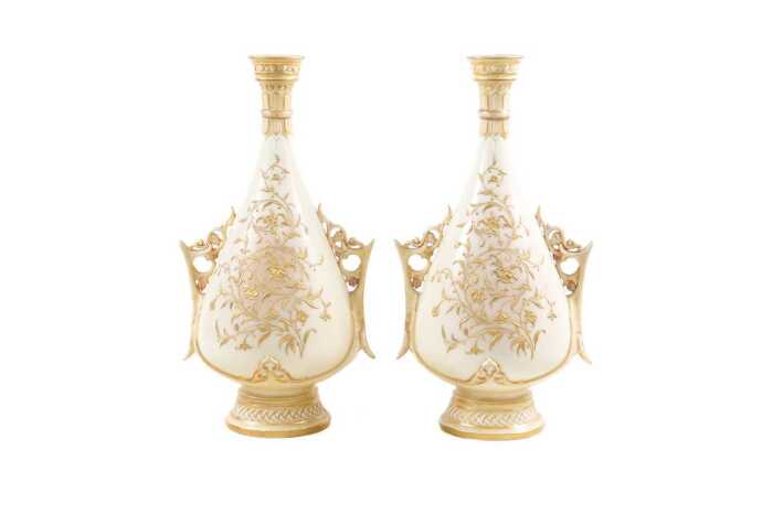 Pair of Victorian Royal Worcester porcelain twin handled vases, 1886