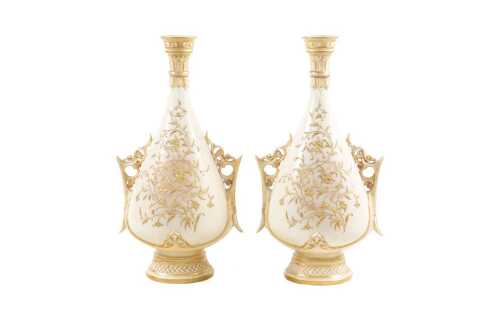 Pair of Victorian Royal Worcester porcelain twin handled vases, 1886