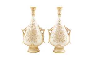Pair of Victorian Royal Worcester porcelain twin handled vases, 1886
