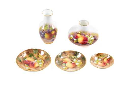 Five Royal Worcester porcelain pieces with hand painted fruit still lives
