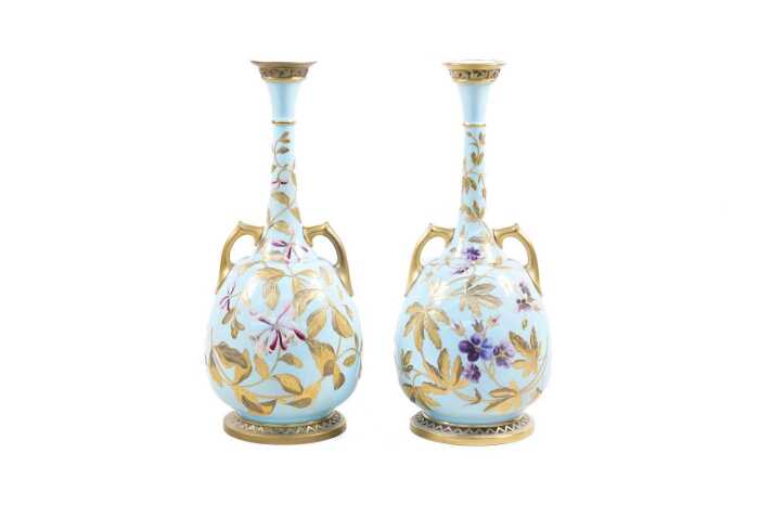 Pair of Victorian Royal Worcester porcelain twin handled vases, 1883