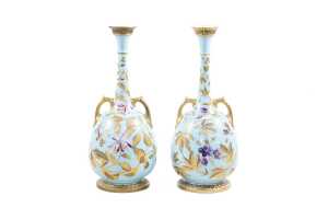 Pair of Victorian Royal Worcester porcelain twin handled vases, 1883