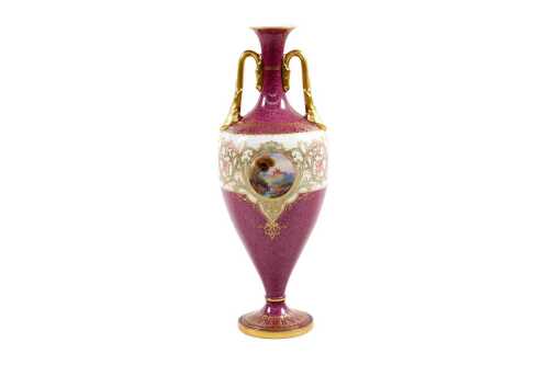 Antique Royal Worcester porcelain twin handled vase, 1923