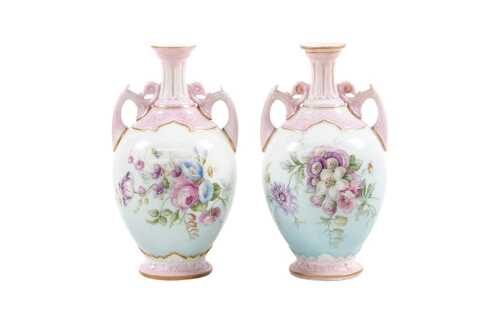 Pair of antique Royal Worcester porcelain twin handled vases