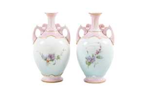 Pair of antique Royal Worcester porcelain twin handled vases - 2