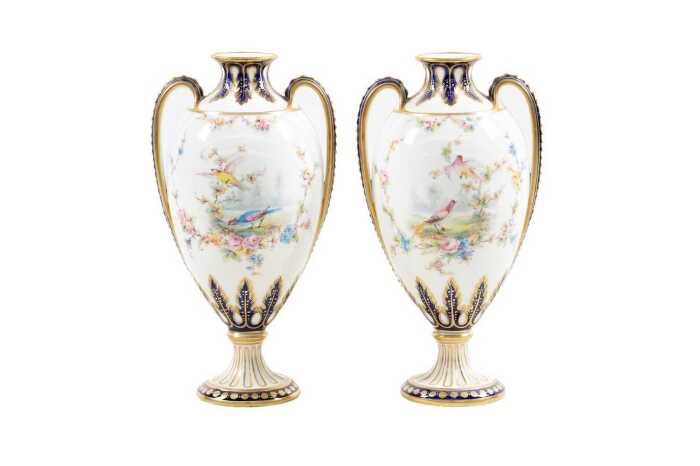 Pair of antique Royal Crown Derby porcelain twin handled vases