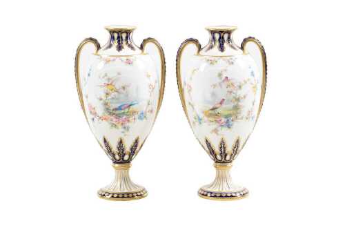 Pair of antique Royal Crown Derby porcelain twin handled vases
