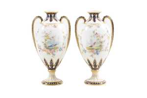 Pair of antique Royal Crown Derby porcelain twin handled vases