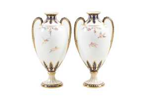 Pair of antique Royal Crown Derby porcelain twin handled vases - 2