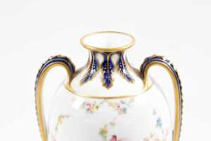 Pair of antique Royal Crown Derby porcelain twin handled vases - 4