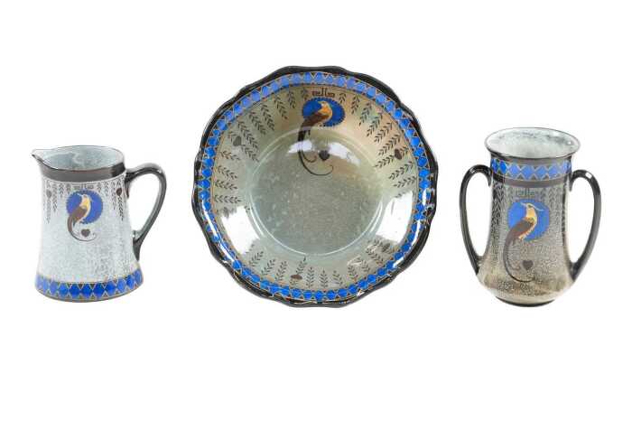 Three Royal Doulton Titanian Ware 'Bird of Paradise' porcelain pieces