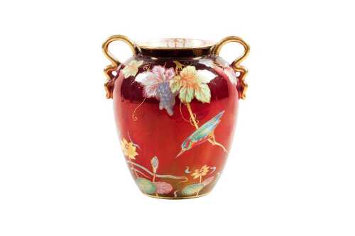 Carlton Ware Rouge Royale 'Bird and water lily' porcelain twin handled vase