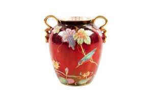 Carlton Ware Rouge Royale 'Bird and water lily' porcelain twin handled vase