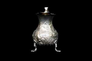 George II English sterling silver tri-footed creamer, 1759 - 2