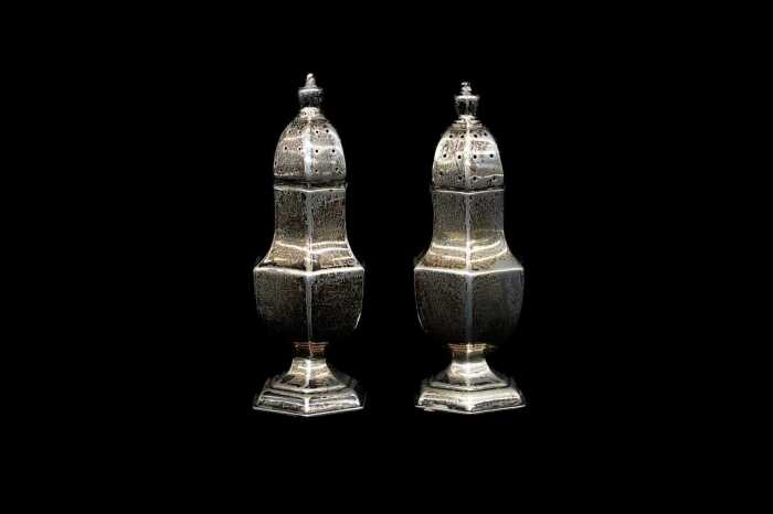 pair of antique English sterling silver pepper pots, weight 64g
