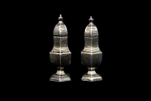 pair of antique English sterling silver pepper pots, weight 64g
