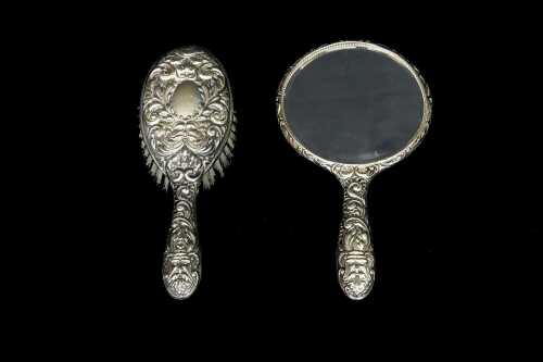 English sterling silver mounted dressing table brush and mirror