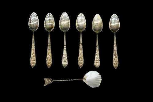 Six Thai silver spoons, plus a Tasmanian shell mounted souvenir spoons