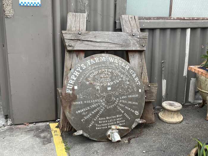 Furphy water cart tank front with tap and stand