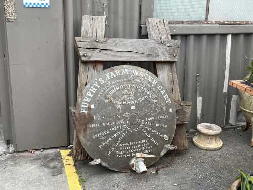 Furphy water cart tank front with tap and stand