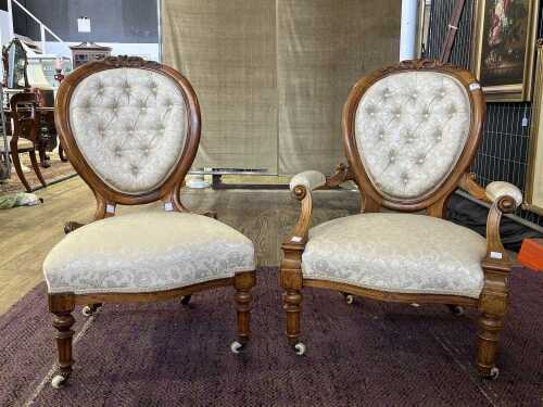 Victorian walnut ladies and gents parlour chairs