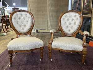 Victorian walnut ladies and gents parlour chairs