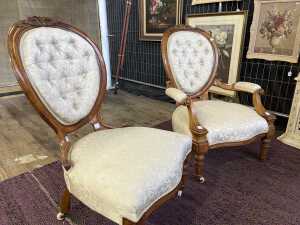 Victorian walnut ladies and gents parlour chairs - 2