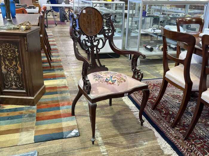Antique Sheraton Revival inlaid and carved mahogany occasional armchair