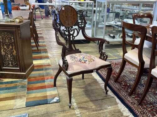 Antique Sheraton Revival inlaid and carved mahogany occasional armchair