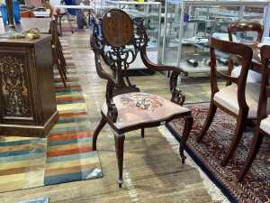 Antique Sheraton Revival inlaid and carved mahogany occasional armchair