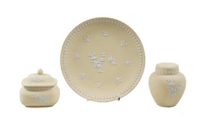 Three Wedgewood 'Prunis Bolossom' yellow Jasperware