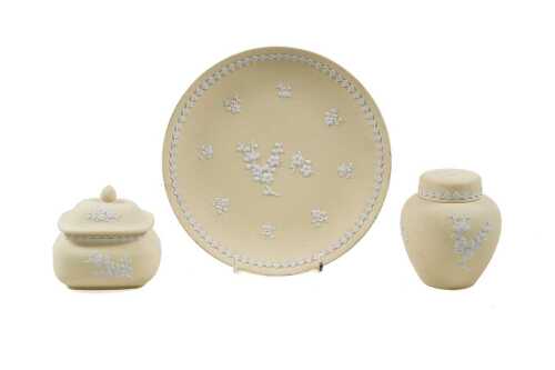 Three Wedgewood 'Prunis Bolossom' yellow Jasperware