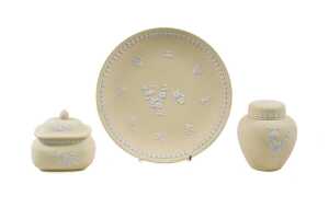 Three Wedgewood 'Prunis Bolossom' yellow Jasperware