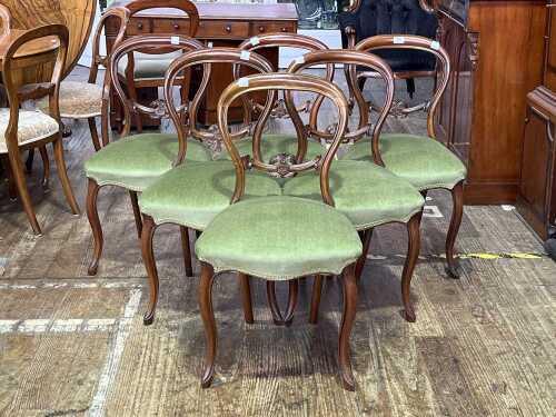 Set of six Victorian walnut balloon back parlour chairs