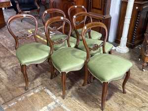 Set of six Victorian walnut balloon back parlour chairs - 2