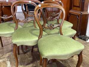 Set of six Victorian walnut balloon back parlour chairs - 4
