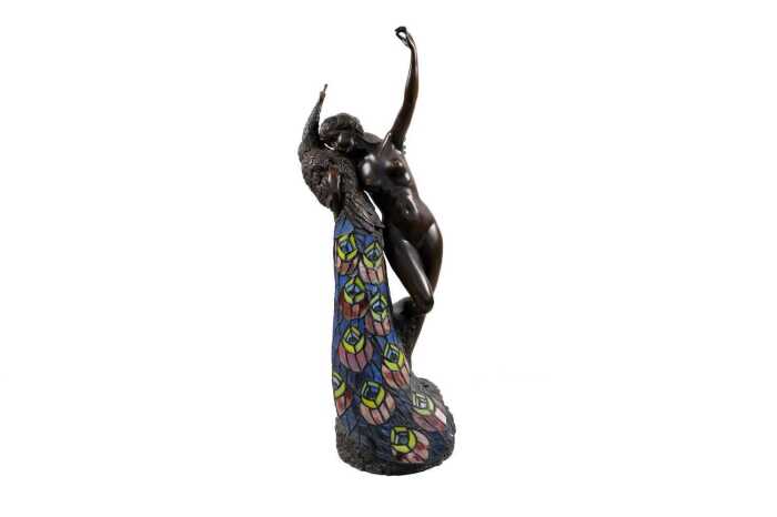 After Philippe Wolfers, reproduction cast bronze figural lamp depicting peacock and a nude lady