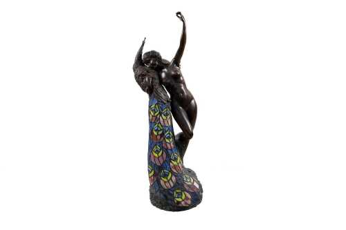 After Philippe Wolfers, reproduction cast bronze figural lamp depicting peacock and a nude lady