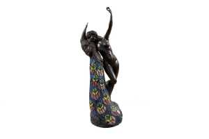 After Philippe Wolfers, reproduction cast bronze figural lamp depicting peacock and a nude lady